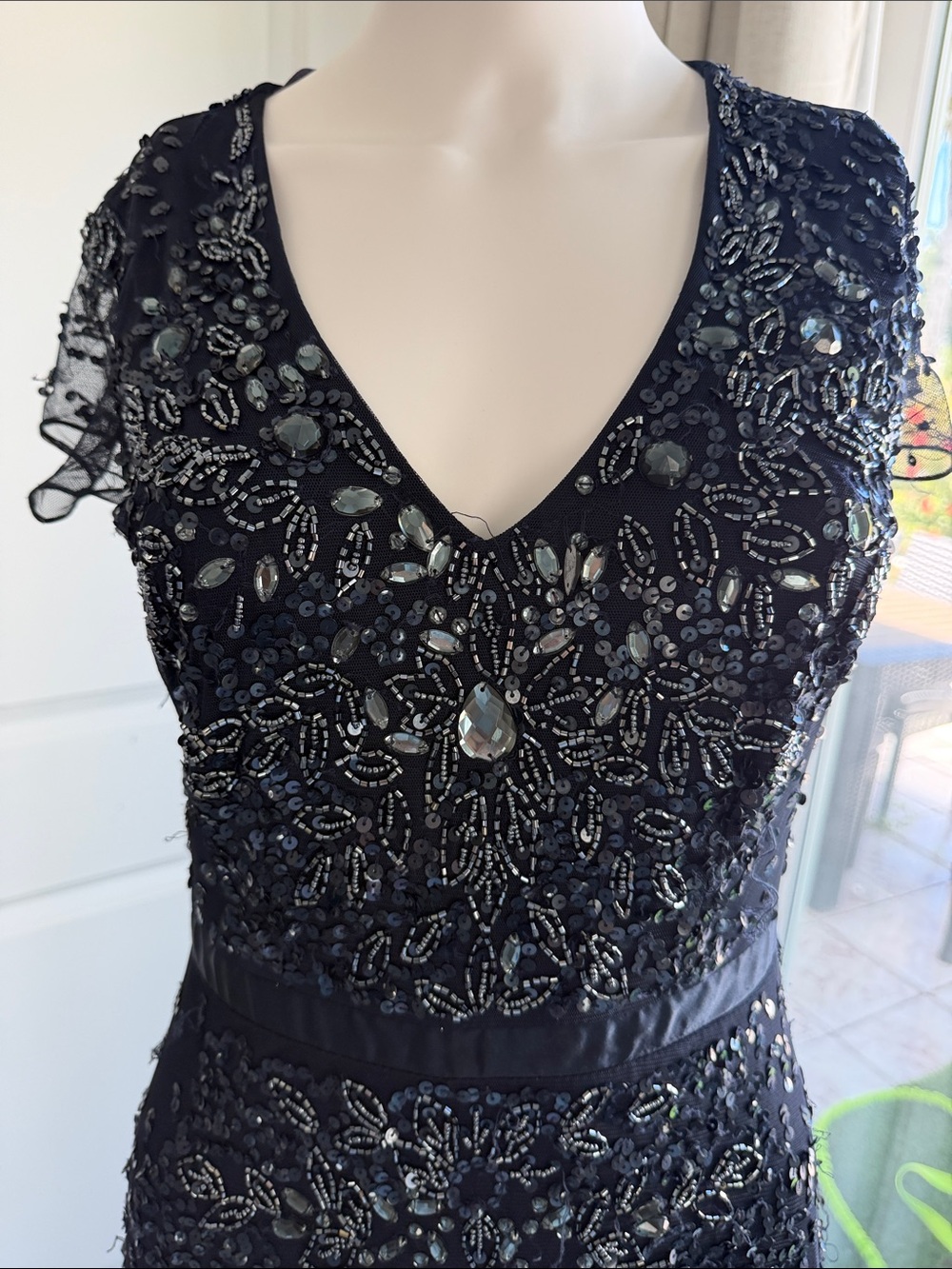 Adrianna Papell Beaded V-Neck Evening Dress